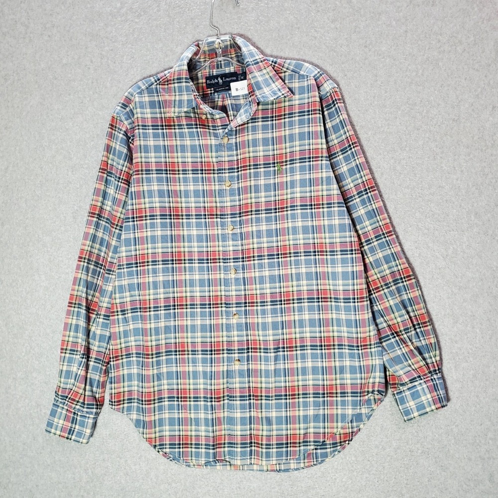 Ralph Lauren Men Button Up Shirt Medium Blue Plaid Flannel Classic Fit Logo Pony